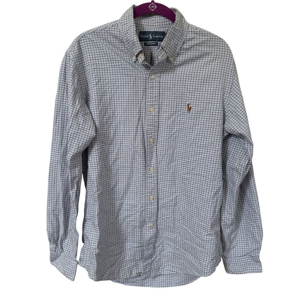 Ralph Lauren Custom Fit Button Down Shirt Mens M Blue Plaid‎ Cotton Classic